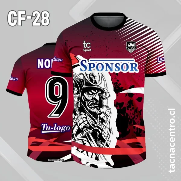 Camiseta de futbol rojo con lineas blancas y samuray 1 Camiseta de futbol rojo con lineas blancas y samuray