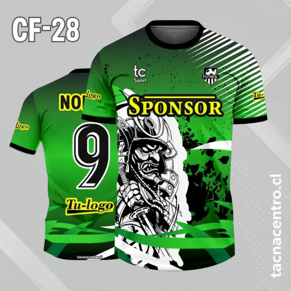 Camiseta de futbol rojo con lineas blancas y samuray 2 Camiseta de futbol verde con lineas blancas y samuray