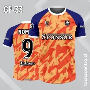 Camiseta de futbol naranja con mangas ranglan de color azul