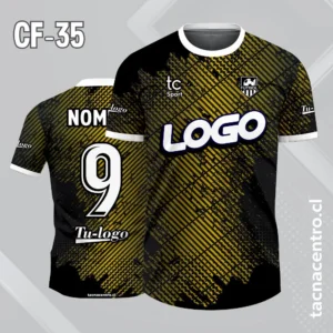 camiseta de futbol negro con patrón de rayas dorado