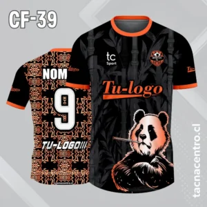 Camiseta de futbol negra con panda naranja