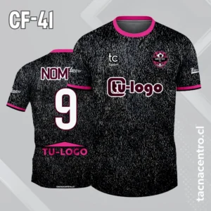 Camiseta de futbol negra con puntos grises mangas rosadas