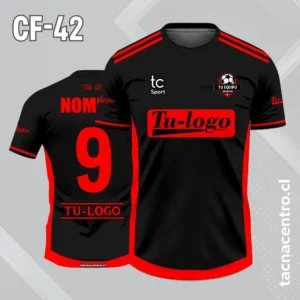 Camiseta de futbol negra con rayas bordes amarillos y 2 lineas rojas en el hombro