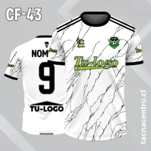 Camiseta de futbol blanco con lineas de rajadura y 2 lineas en los hombros color negro