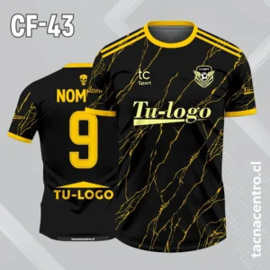 Camiseta de futbol negro con lineas de rajadura y 2 lineas en los hombros color amarillo