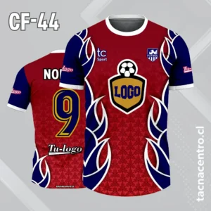 Camiseta de futbol con fuego azul noche en los costados y centro de rojo