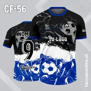 Camiseta de futbol negro con franja irregular blanco y celeste con pelota en el pecho