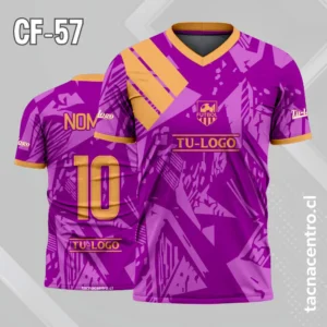 Camiseta de futbol lila con 3 rayas doradas