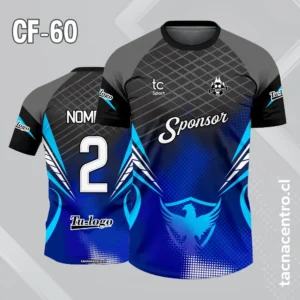 Camiseta de futbol gris y azul con silueta de fenix