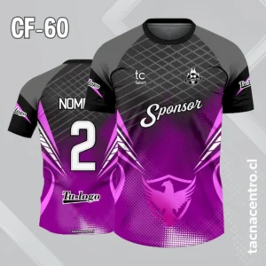 Camiseta de futbol gris y morado con silueta de fenix