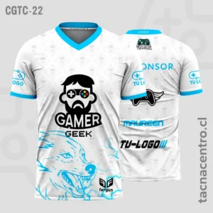Camisetas Gamer Blanco con ribetes celestes