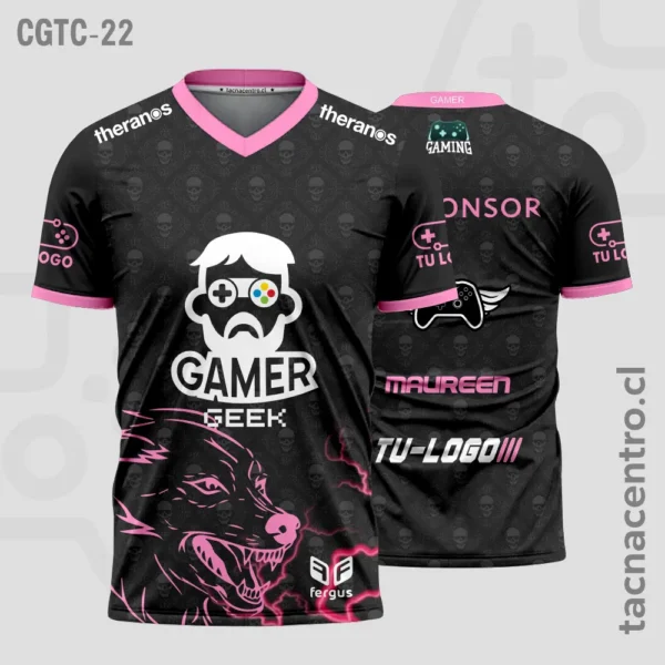 Camisetas Gamer Blanco con ribetes celestes 3 Camisetas Gamer negro con ribetes rosado