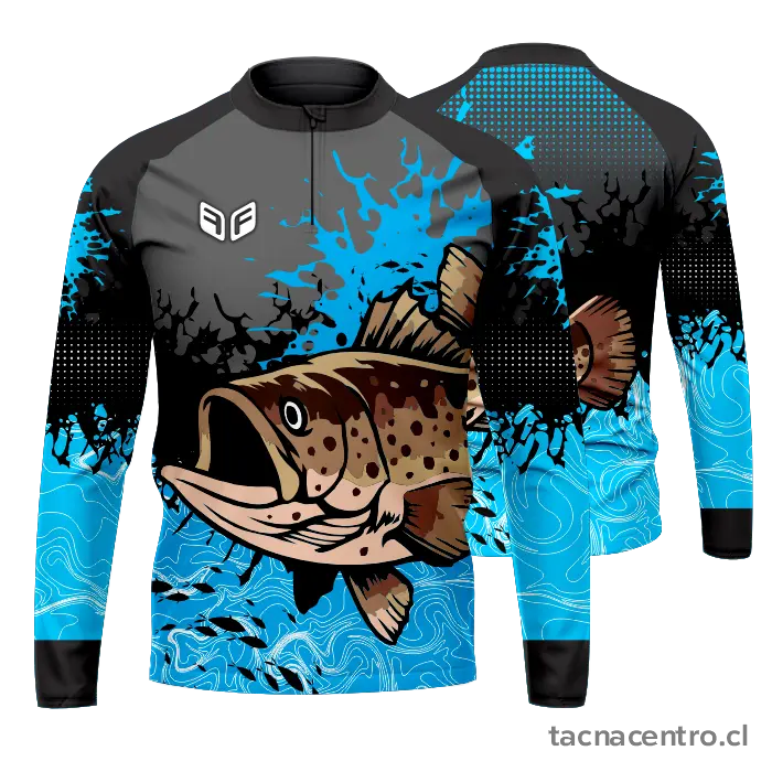 camiseta de pesca celeste y negro