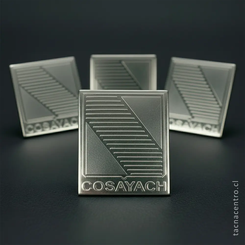 foto de pines plateados forma de cuadrado logo cosayach