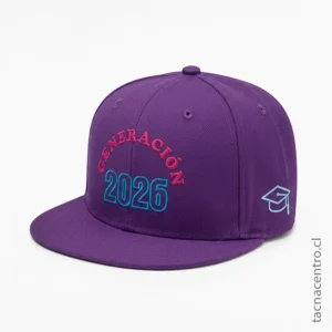 Gorra snapback morada para activaciones y eventos promocionales 2026.
