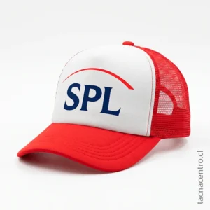 Gorra corporativa de malla roja para identidad visual y merchandising empresarial 2026.