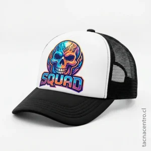 Gorra de malla negra personalizada con técnica DTF resistente y colores vibrantes 2026.