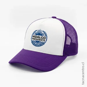 Gorra de malla morada personalizada para activaciones políticas y candidatos 2026.