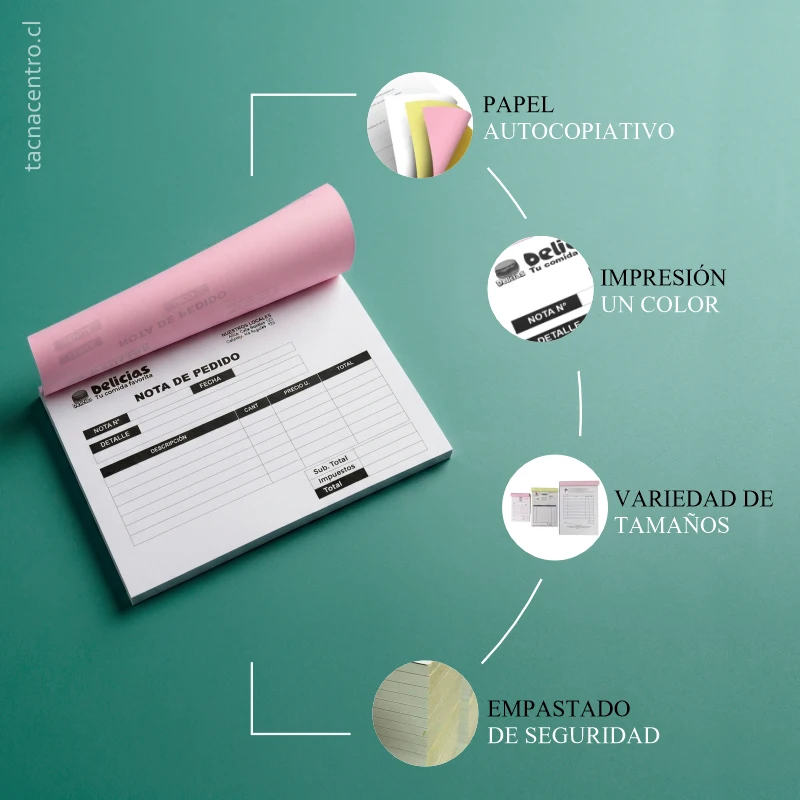 Características de papel autocopiativo y acabados en talonarios personalizados 2026.