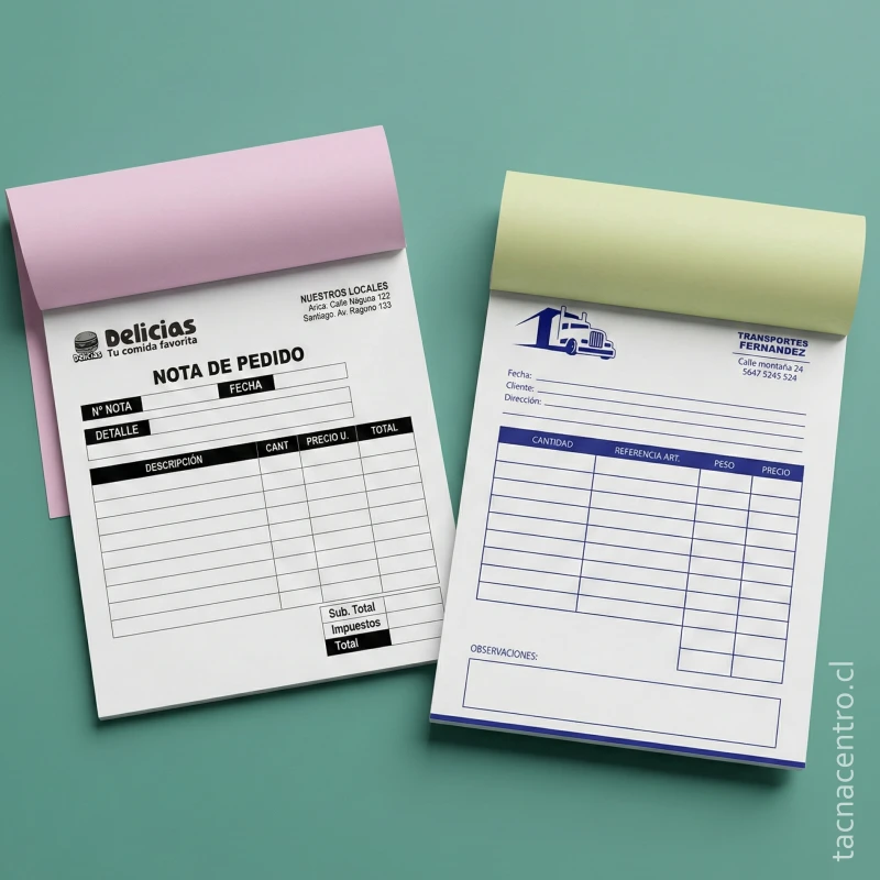 Muestra de talonarios personalizados en color verde pálido con diseño profesional.